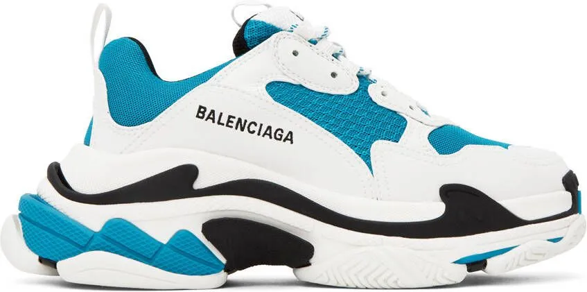 Balenciaga White & Blue Triple S Sneakers