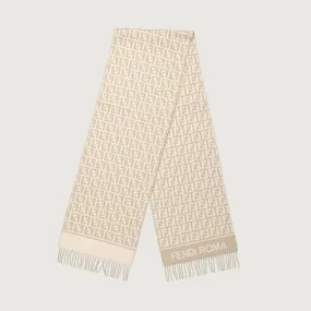 Beige FF Print Scarf in Wool and Cashmere