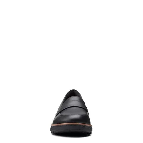 Clarks Womens Sharon Gracie Wedge Penny Loafer- Black Soft