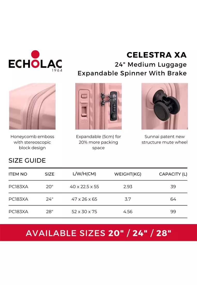 ECHOLAC Echolac Celestra XA 24" Medium Luggage Expandable Spinner With Brake (Pink)