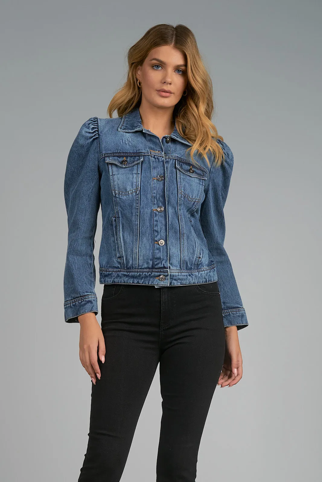 Elan Puffed Sleeve Jeans Jacket-Indigo