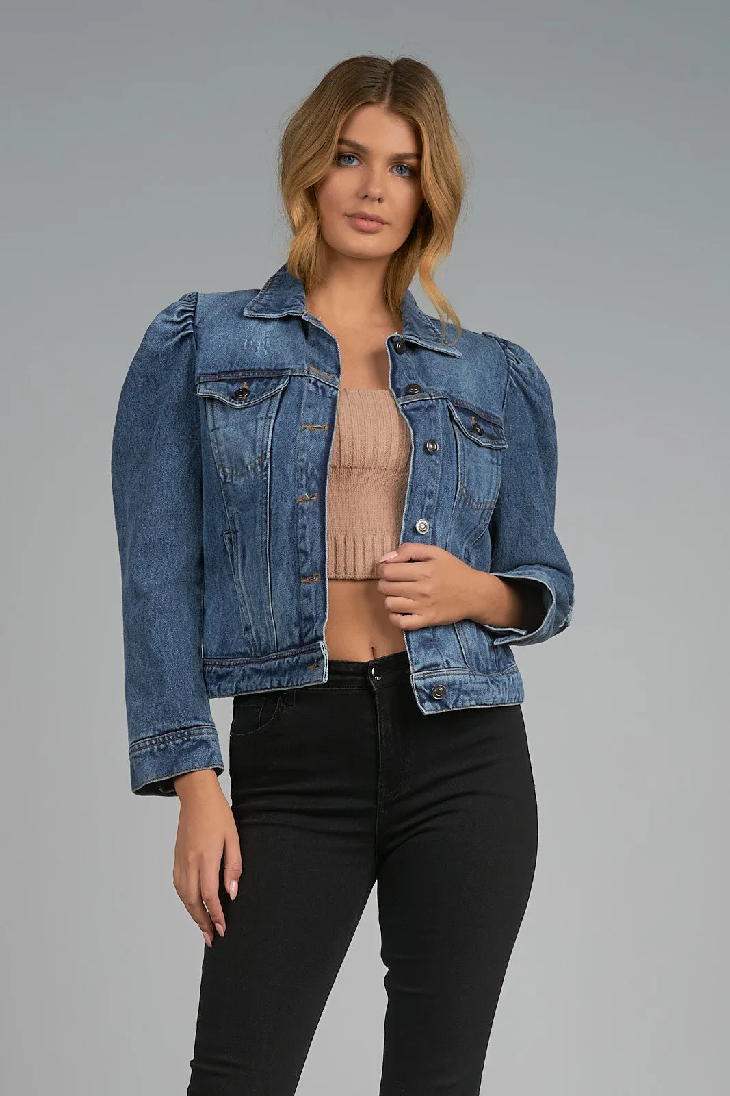 Elan Puffed Sleeve Jeans Jacket-Indigo