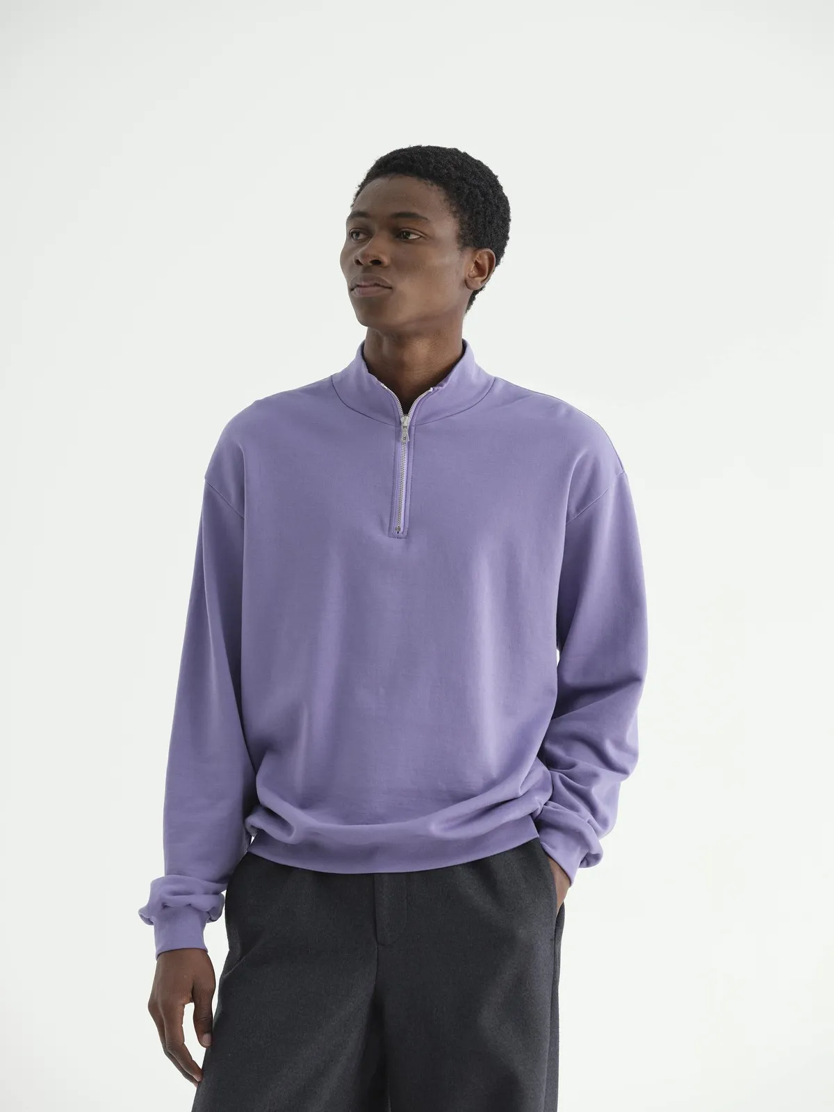 Elastic High Guage Sweat Half Zip Pullover - purple