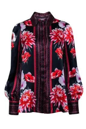 Elie Tahari - Black w/ Red & Purple Floral Scarf Print Silk Blouse Sz S