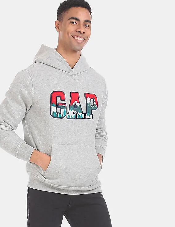 GAP Men Grey Mountain Logo Applique Hooded Pullover Sweatshirt