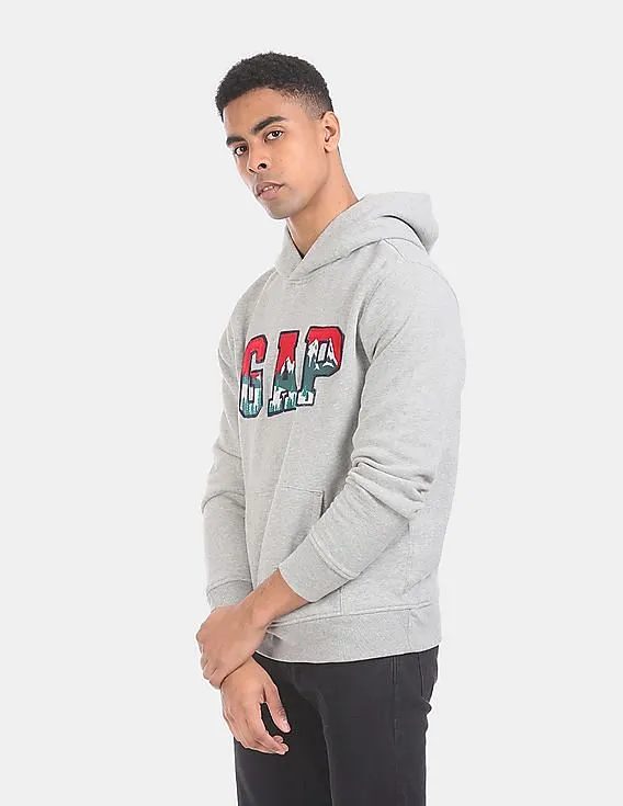 GAP Men Grey Mountain Logo Applique Hooded Pullover Sweatshirt