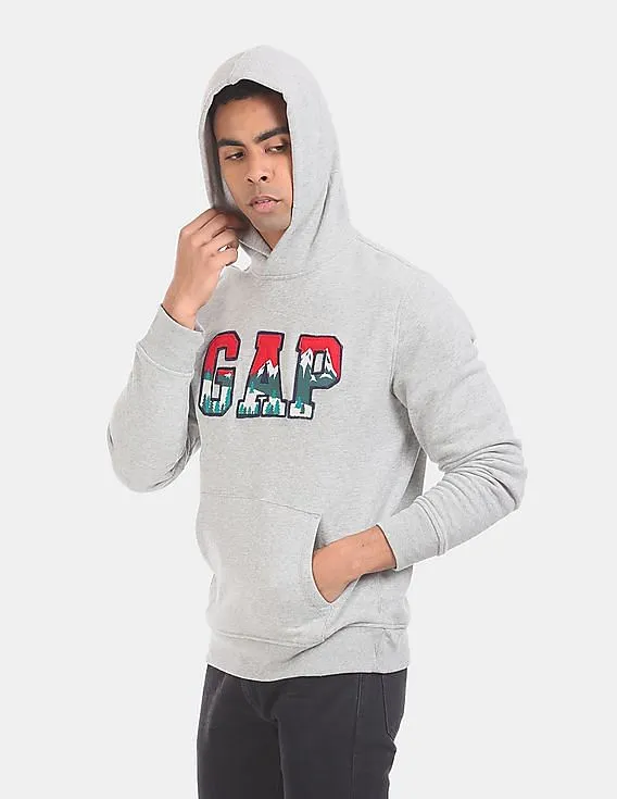 GAP Men Grey Mountain Logo Applique Hooded Pullover Sweatshirt