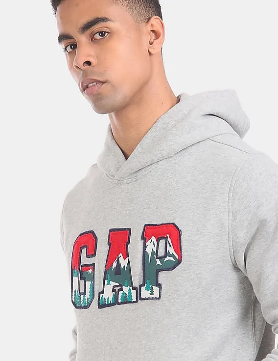 GAP Men Grey Mountain Logo Applique Hooded Pullover Sweatshirt