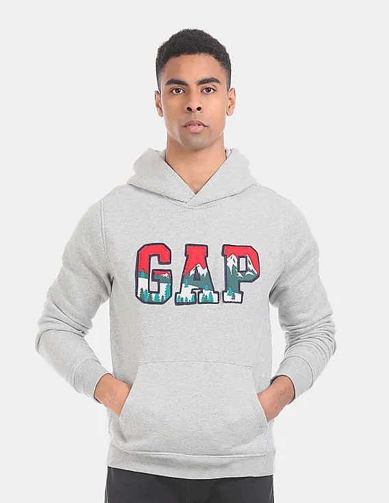 GAP Men Grey Mountain Logo Applique Hooded Pullover Sweatshirt