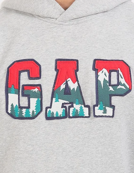 GAP Men Grey Mountain Logo Applique Hooded Pullover Sweatshirt