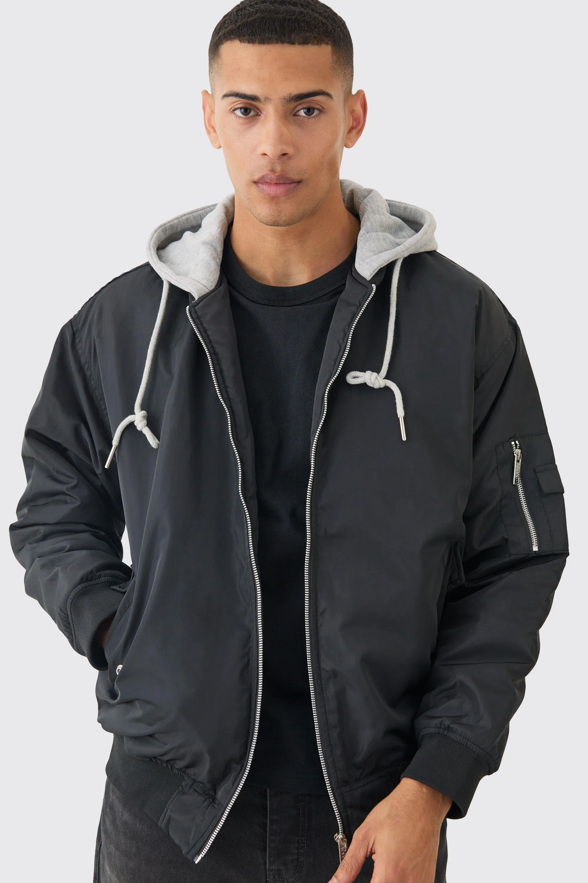 Oversized Hooded Ma1 Bomber Jacket In Black