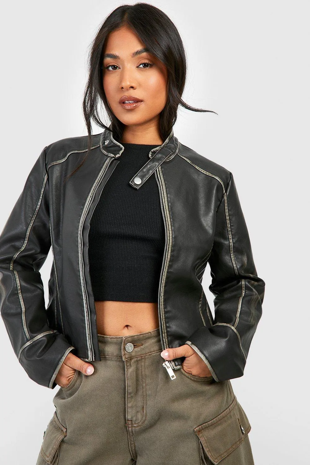 Petite Vintage Look Moto Faux Leather  Jacket