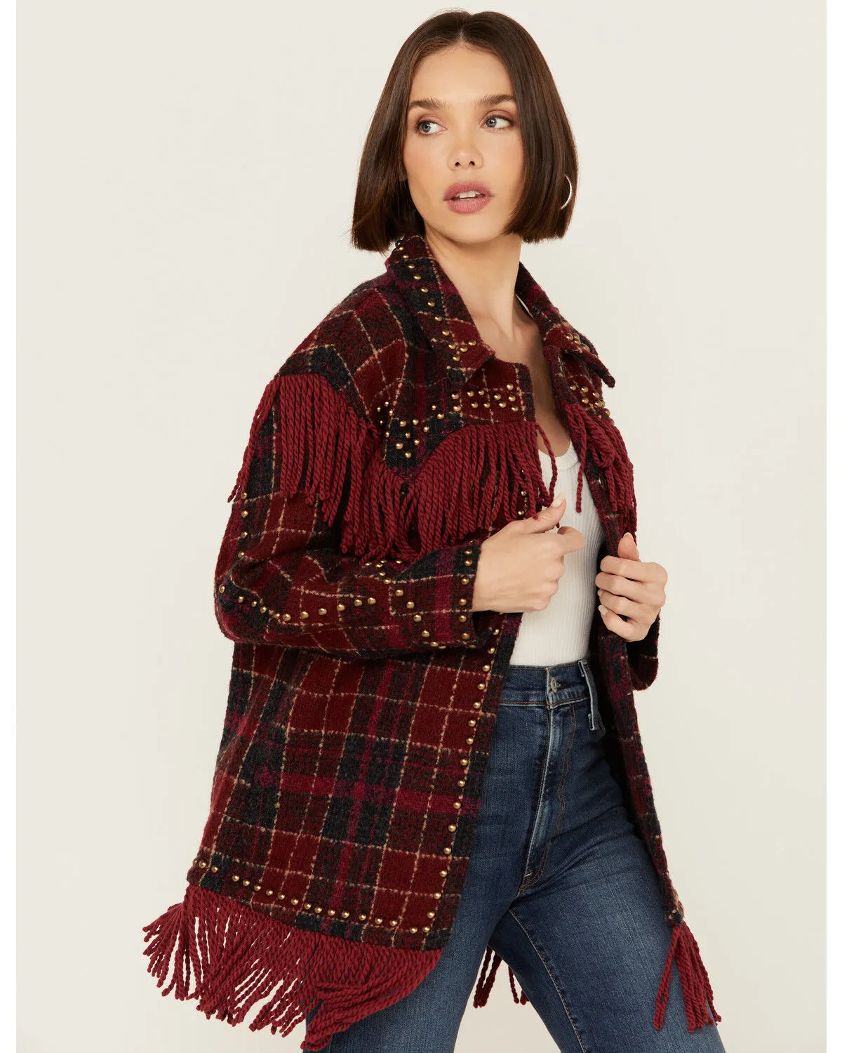 Product Name:  Vocal Women's Tweed Plaid Fringe Jacket