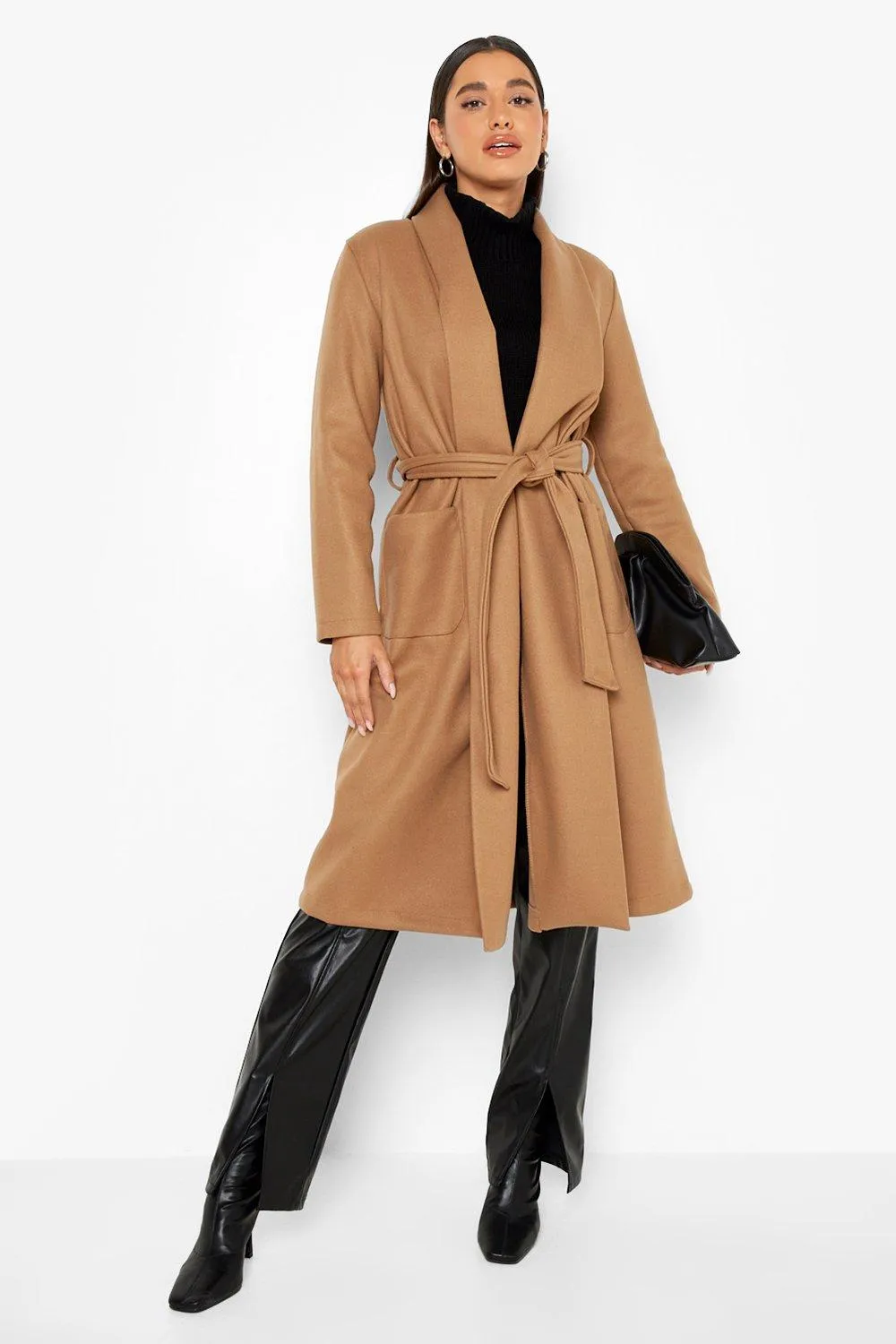 Self Belted Wool Look Longline Jacket