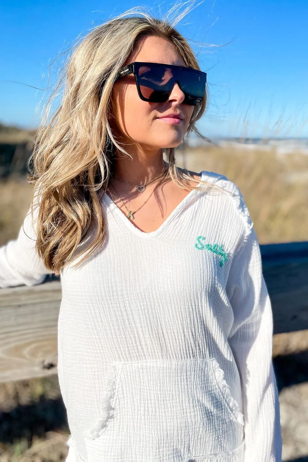 Surf Gypsy: Salty Washed Gauze Embroidered Hoodie - White