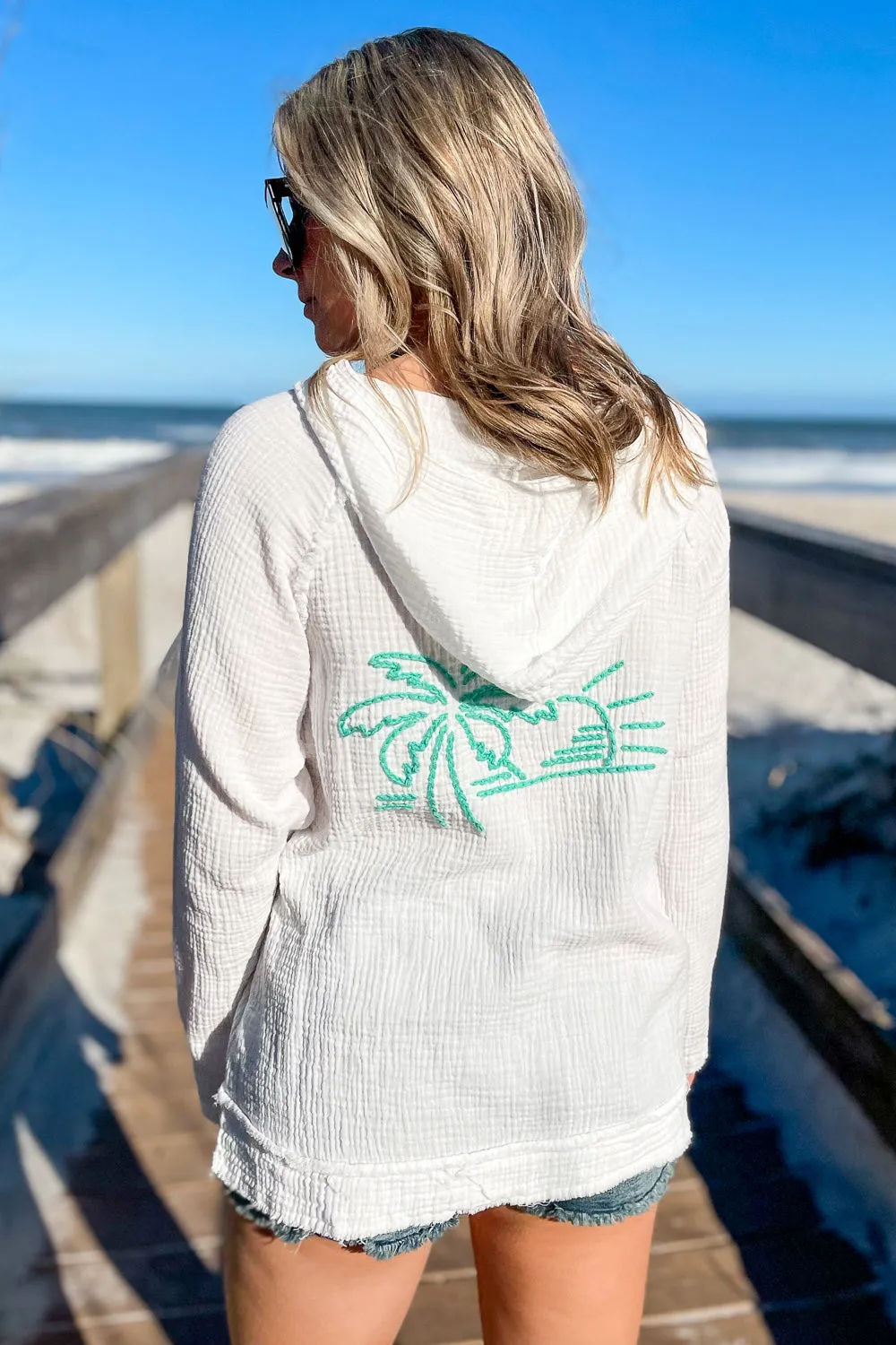 Surf Gypsy: Salty Washed Gauze Embroidered Hoodie - White