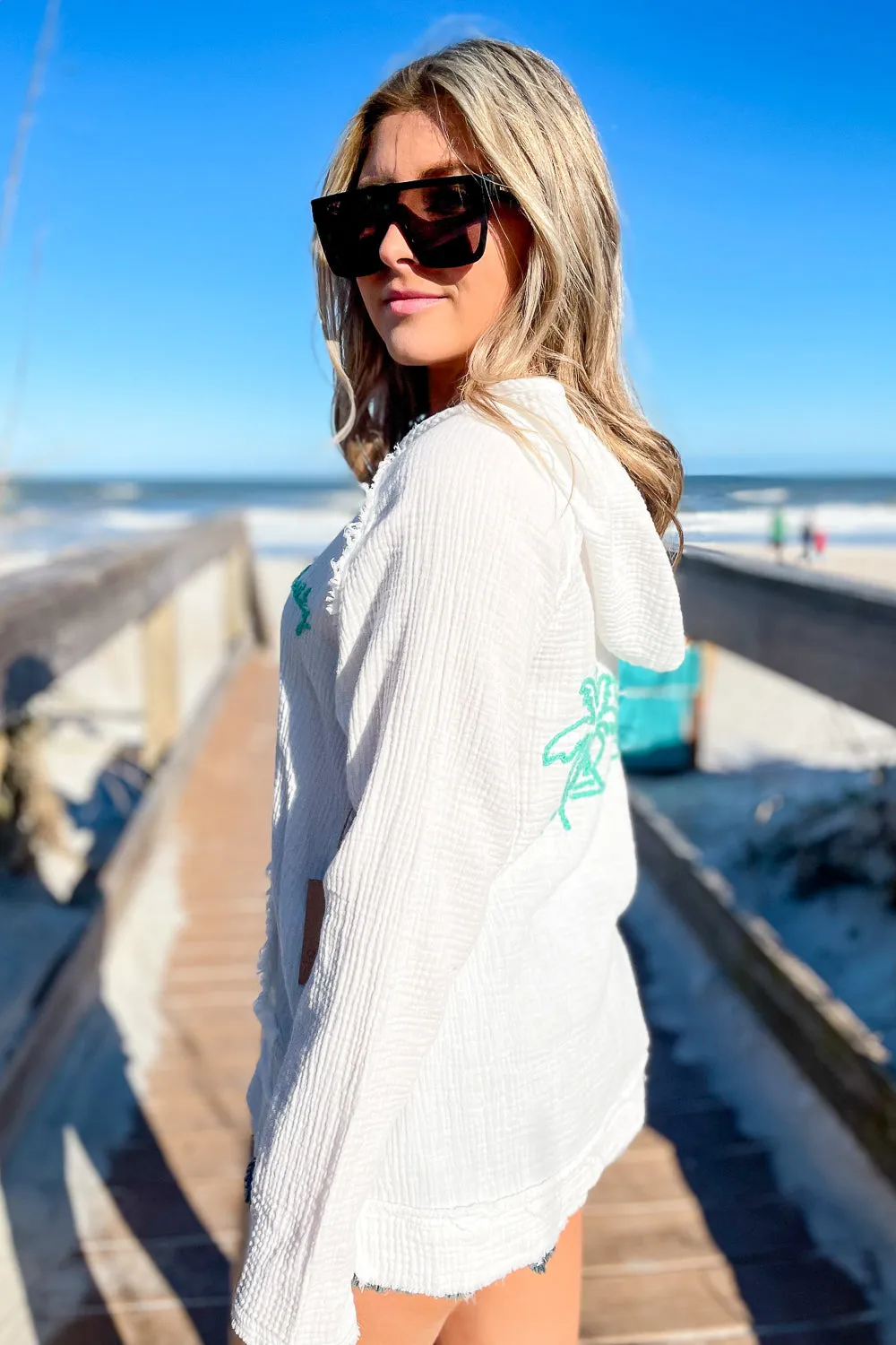 Surf Gypsy: Salty Washed Gauze Embroidered Hoodie - White