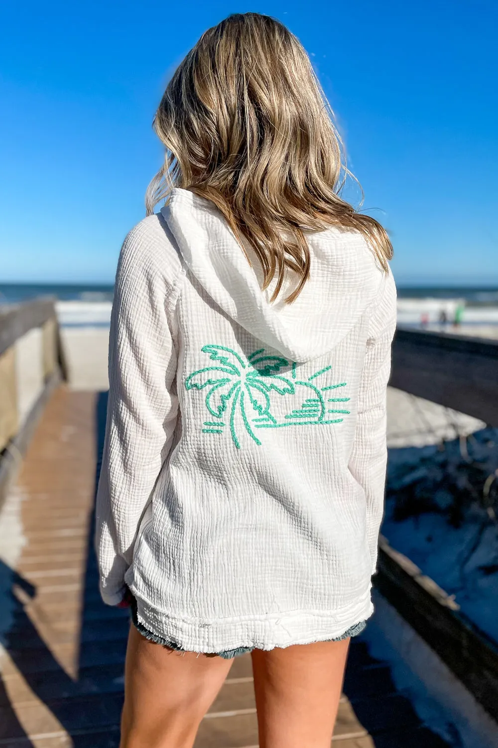 Surf Gypsy: Salty Washed Gauze Embroidered Hoodie - White