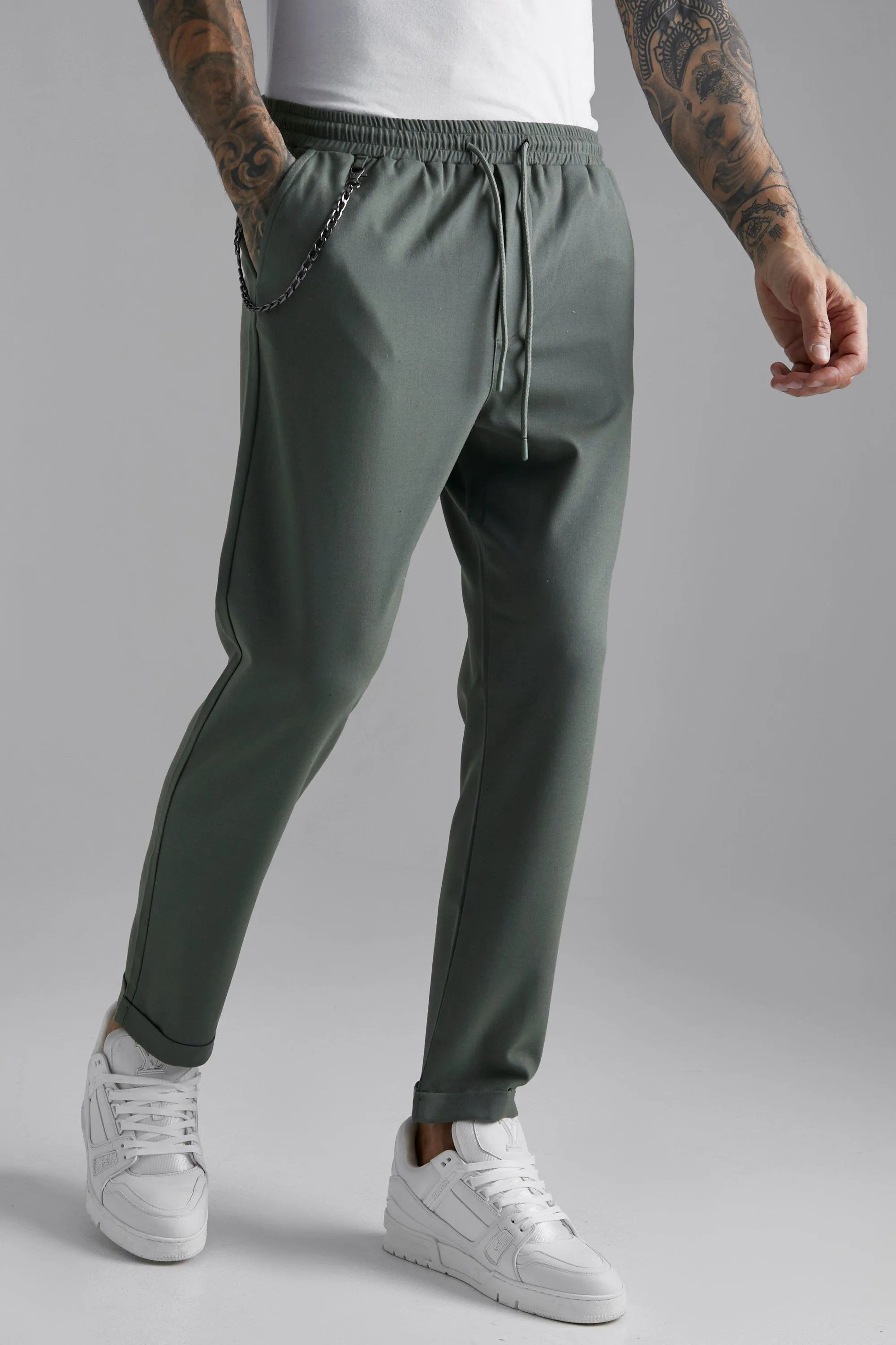 Tapered Turn Up Hem Chain Trousers