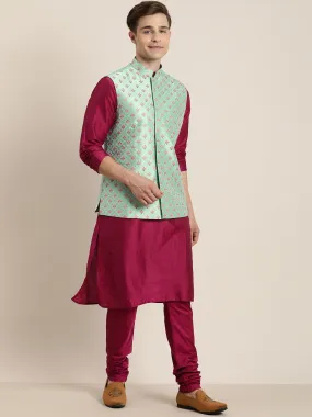 Vastramay Men's Light Green Nerhu Jacket With Dark Pink Kurta Pyjama Set