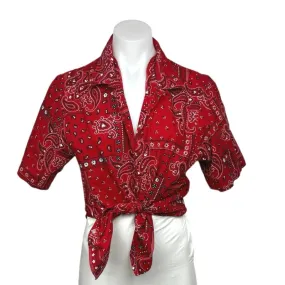 Vintage F. Shay Red Bandana Scarf Paisley Button Up Short Sleeve Shirt Top Sz S