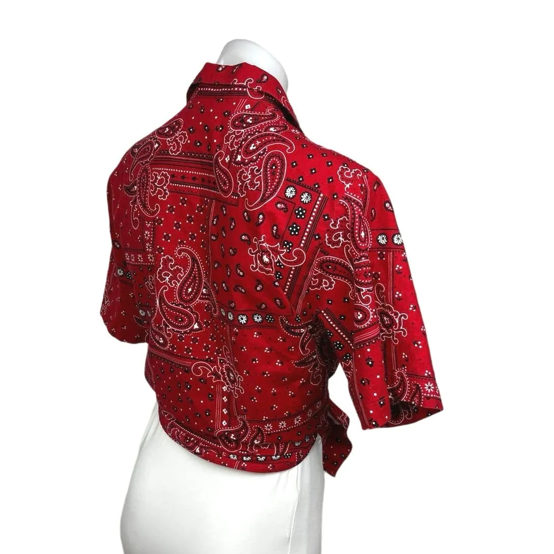 Vintage F. Shay Red Bandana Scarf Paisley Button Up Short Sleeve Shirt Top Sz S