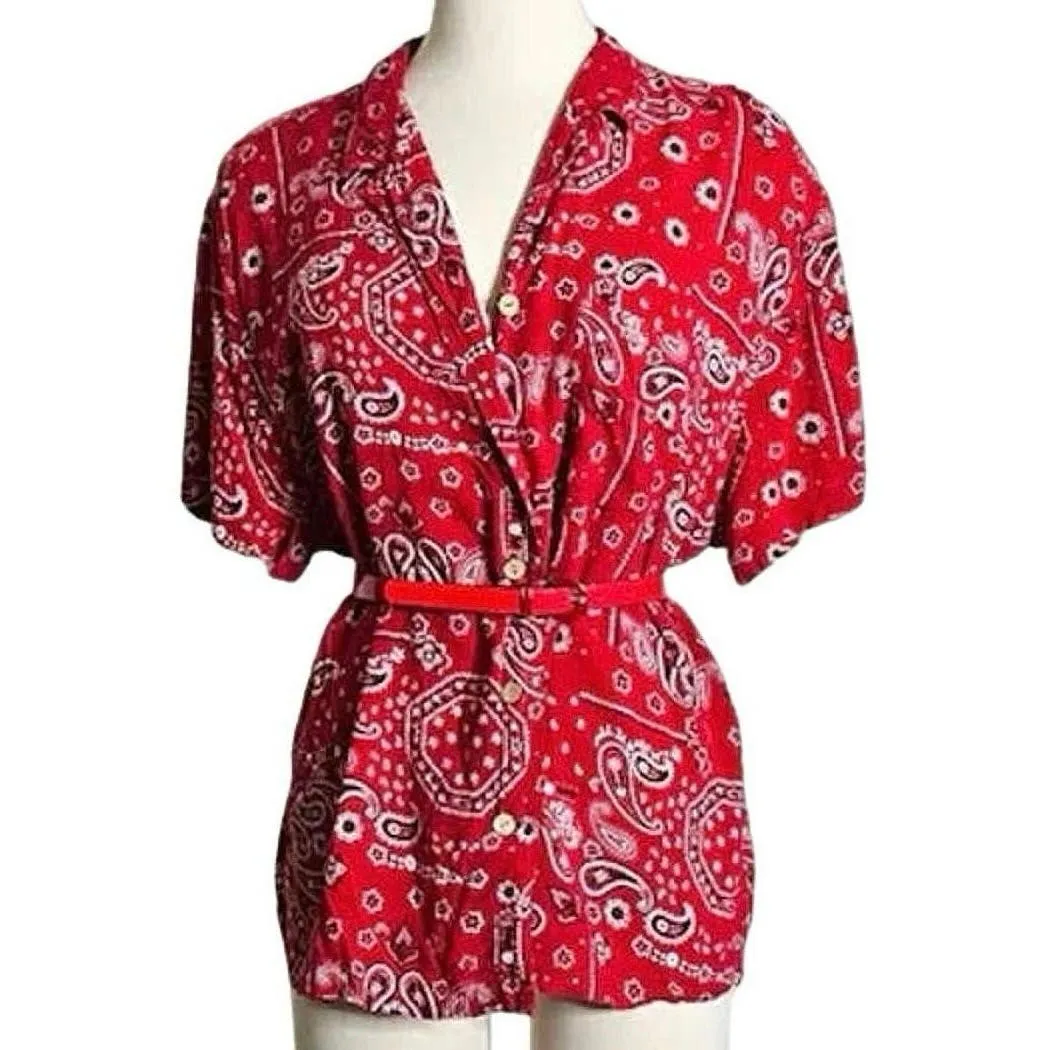 Vintage F. Shay Red Bandana Scarf Paisley Button Up Short Sleeve Shirt Top Sz S