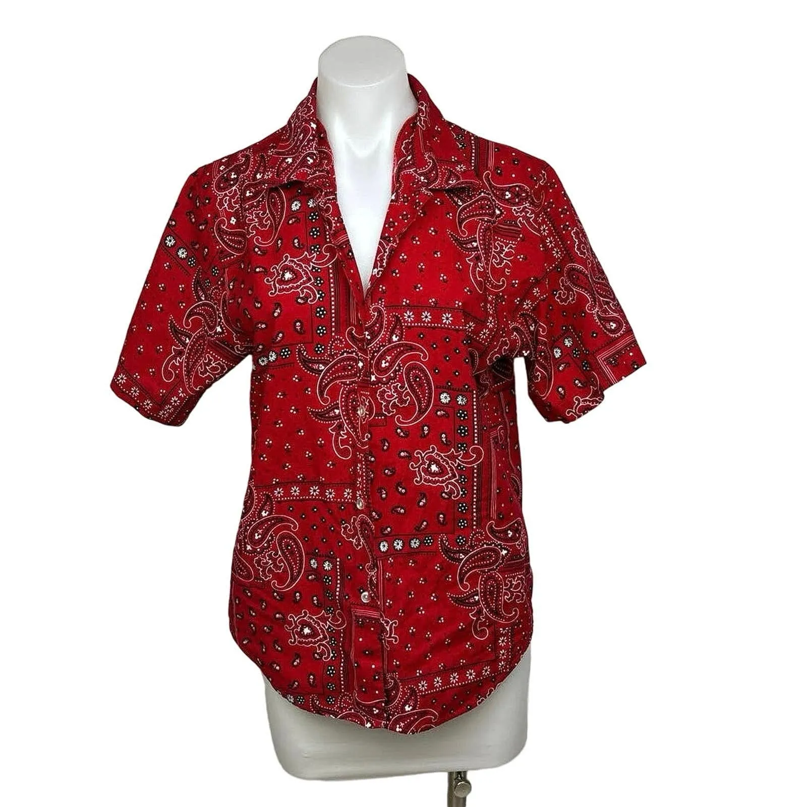 Vintage F. Shay Red Bandana Scarf Paisley Button Up Short Sleeve Shirt Top Sz S