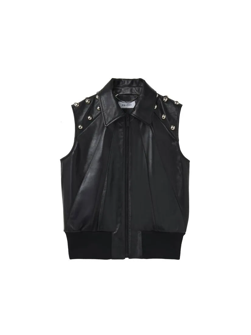 Women's Studded Leather Vest in Black