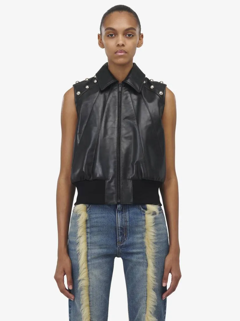 Women's Studded Leather Vest in Black